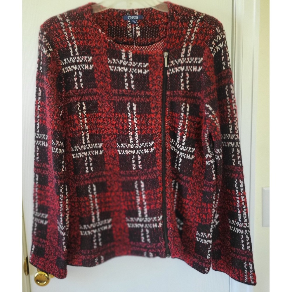 Chaps Womens Sweater Jacket XXL Red Black White Plaid Knit Zip-Up Long‎ Sleeve